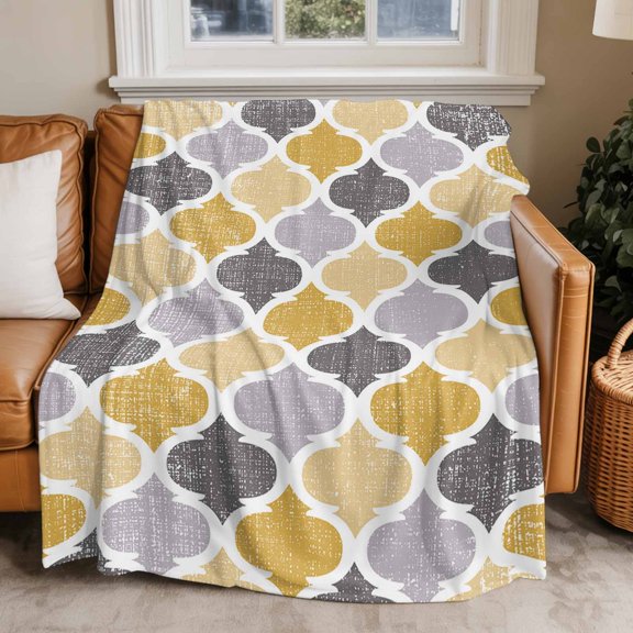Throw Blanket for Couch Yellow Gray Moroccan Pattern Soft Fleece Flannel Blankets Cozy Lightweight Blanket for Home Sofa Living Room Retro Geometric Style Bed Throws 30" x 40"