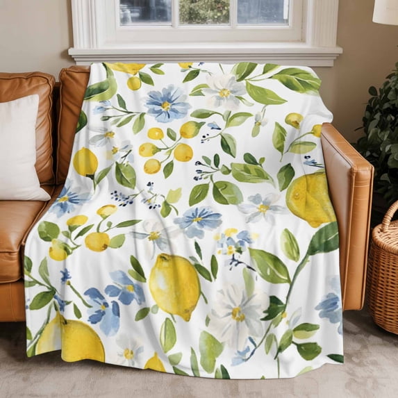 Throw Blanket for Couch Yellow Lemon Soft Fleece Flannel Blankets Cozy Lightweight Blanket for Home Sofa Living Room Flowers Blue White Bed Throws 40" x 50"