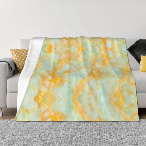 Throw Blanket for Couch - Yellow With Teal Marble Soft Comfy Lightweight Cozy Warm Throw Blanket, Fuzzy Plush Flannel Blanket & Throws for Sofa and Bed All Season