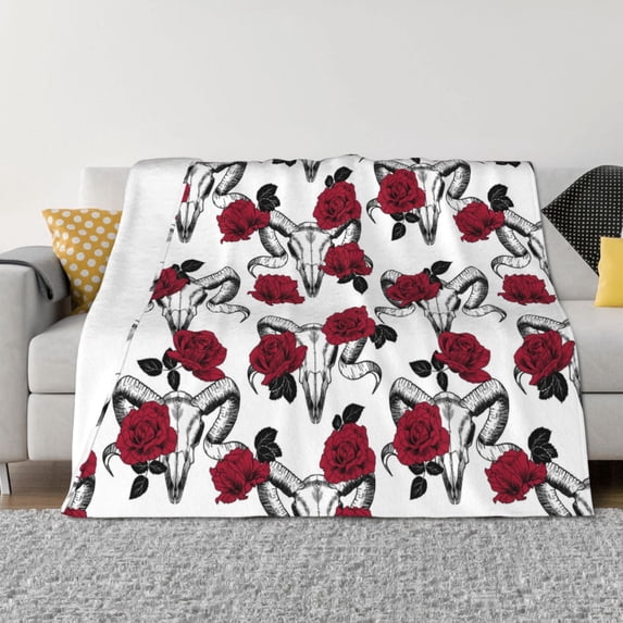 Throw Blanket for Couch - goat skull red roses white Soft Comfy Lightweight Cozy Warm Throw Blanket, Fuzzy Plush Flannel Blanket & Throws for Sofa and Bed All Season