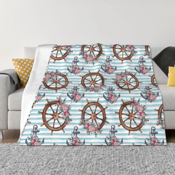 Throw Blanket for Couch - vintage anchor steering wheel flower Soft Comfy Lightweight Cozy Warm Throw Blanket, Fuzzy Plush Flannel Blanket & Throws for Sofa and Bed All Season