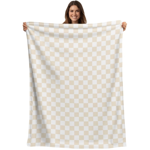 Throw Blanket Cream Chessboard Blankets and Throws, Square Blocks Plaid Blanket for Couch Bed Sofa Chair, Soft Cozy Warm Flannel Fleece Blankets for All Season Home Decor 40x50 Inch