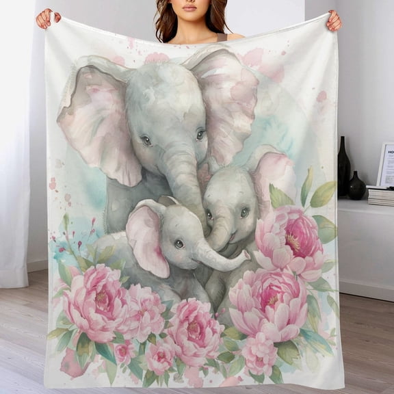 Throw Blanket A Cute Elephant And Her Baby Velvet Flannel Blanket Animal Floral Flannel Warm Throw for Couch Bed for Kids Family And Friends Adults 50"x60"