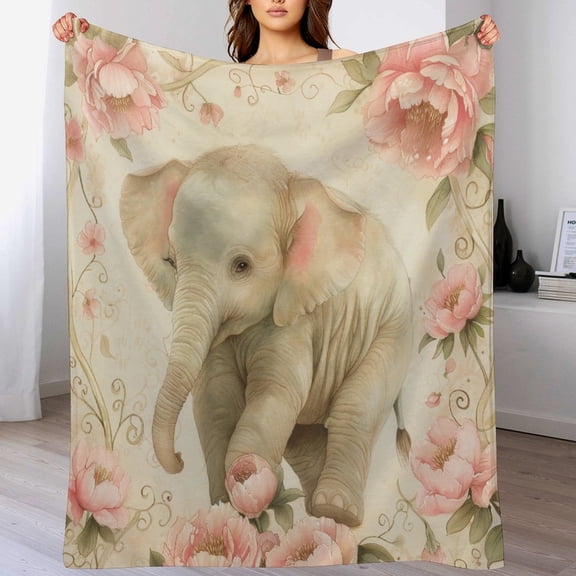 Throw Blanket Cute And Happy Baby Elephant Among Pink Peonies Velvet Flannel Blanket Animal Floral Flannel Plush Blanket for Couch Bed Sofa Unique Ideas Girls Boys 50"x60"