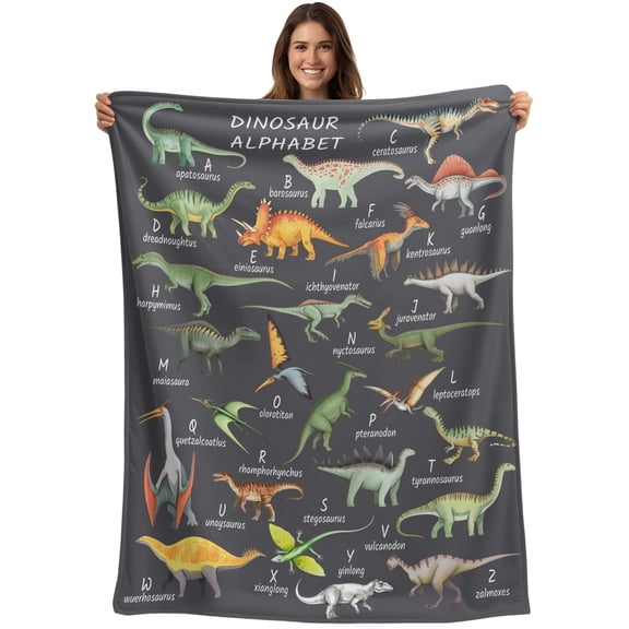 Throw Blanket Dinosaur Family Blankets and Throws, Learning Alphabet A to Z Name Grey Blanket for Couch Bed Sofa Chair, Soft Cozy Warm Flannel Fleece Blankets for All Season Home Decor 40x50 Inch