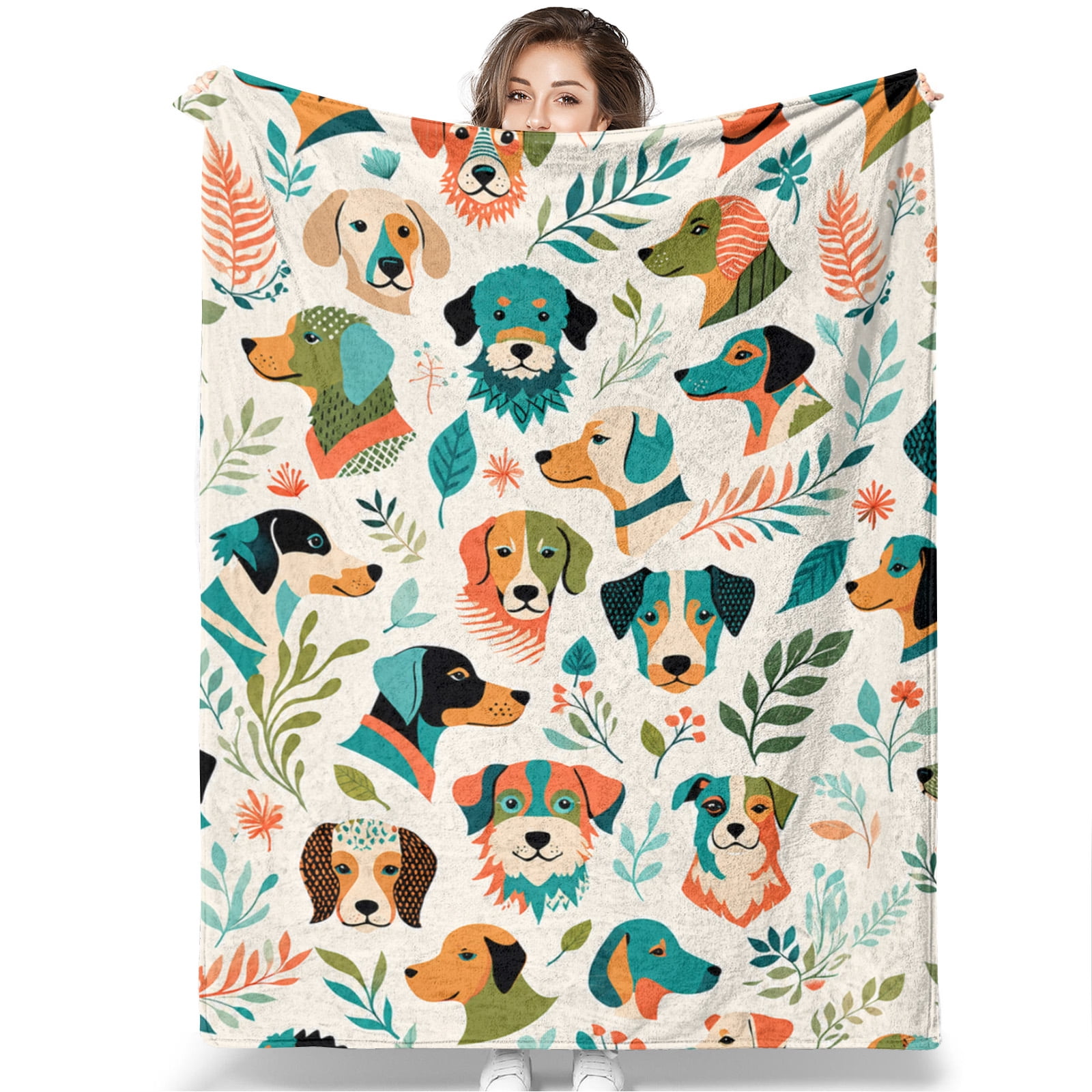 Throw Blanket, Dog Portraits with Tropical Leaves, Cream, Green and ...