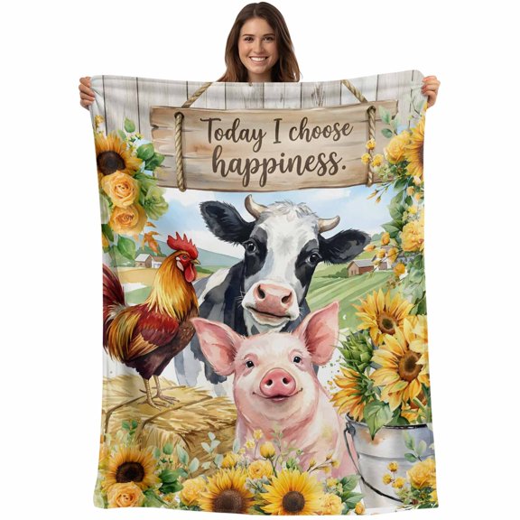 Throw Blanket Farmhouse Animal Blankets and Throws, Sunflower Rooster Cow Pig Blanket for Couch Bed Sofa Chair, Soft Cozy Warm Flannel Fleece Blankets for All Season Home Decor 40x50 Inch