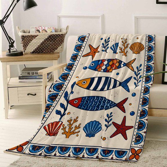 Throw Blanket Fleece Throw Blanket 30x40in, Coastal Mediterranean Fish Soft Lightweight Bed Blankets Marine Life Starfish Corals Fuzzy Couch Blankets for All Season