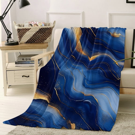 Throw Blanket Fleece Throw Blanket 30x40in, Seamless Abstract Wavy Line Soft Lightweight Bed Blankets Gold Royal Blue Texture Fuzzy Couch Blankets for All Season