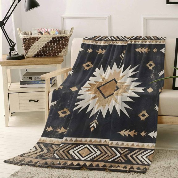 Throw Blanket Fleece Throw Blanket 30x40in, Tribal Southwestern Arrow Texture Soft Lightweight Bed Blankets Retro Black Brown Sunburst Fuzzy Couch Blankets for All Season