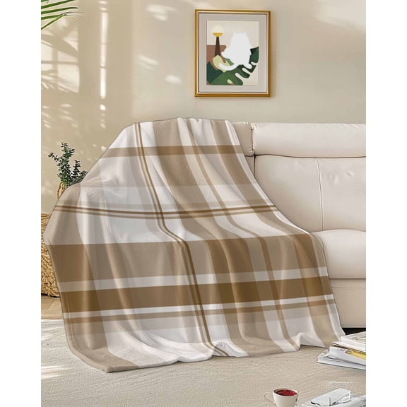 Throw Blanket Fleece Throw Blanket 30x40in, Vintage Beige Brown Plaid Soft Lightweight Bed Blankets Neutral Tartan Checkered Fuzzy Couch Blankets for All Season