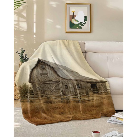 Throw Blanket Fleece Throw Blanket 30x40in, Vintage Brown Farm Wood Barn Soft Lightweight Bed Blankets Rustic Fence Dry Hay Field Fuzzy Couch Blankets for All Season