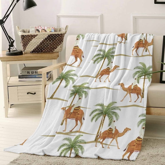 Throw Blanket Fleece Throw Blanket 40x50in, Abstract Brown Camels Palm-trees Soft Lightweight Bed Blankets Vintage Deserts Fuzzy Couch Blankets for All Season