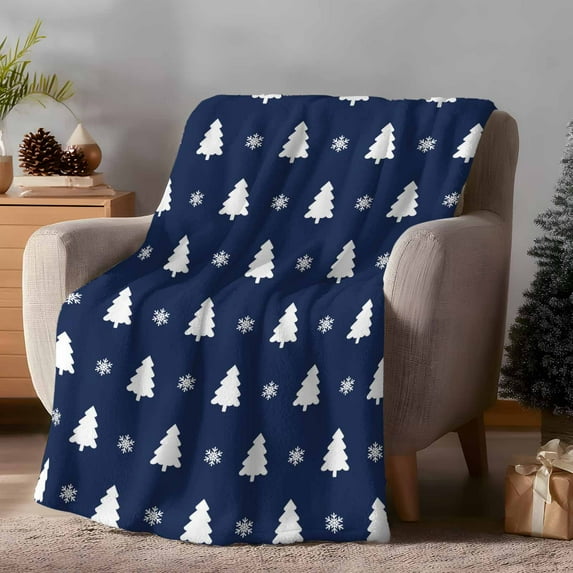 Throw Blanket Fleece Throw Blanket 40x50in, Abstract Christmas Trees Soft Lightweight Bed Blankets Xmas Snowflakes on Blue Fuzzy Couch Blankets for All Season