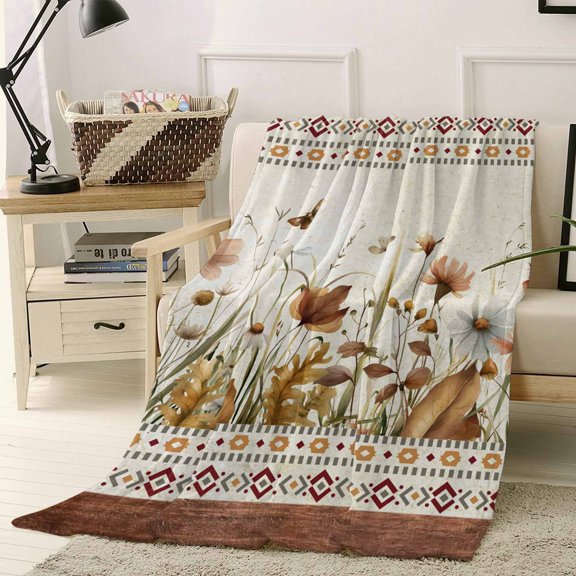 Throw Blanket Fleece Throw Blanket 40x50in, Abstract Floral Western Southwest Soft Lightweight Bed Blankets Retro Geometric Wood Grain Fuzzy Couch Blankets for All Season