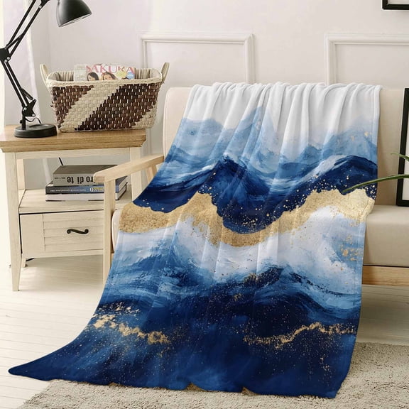 Throw Blanket Fleece Throw Blanket 40x50in, Abstract Ocean Rough Sea Soft Lightweight Bed Blankets Marine Big Wave Navy Blue Gold Fuzzy Couch Blankets for All Season