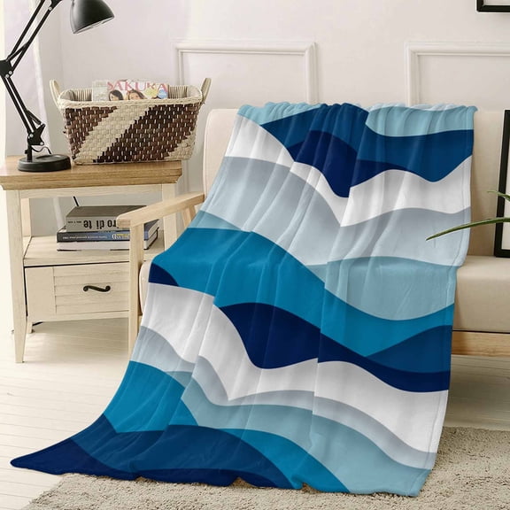 Throw Blanket Fleece Throw Blanket 40x50in, Abstract Ocean Sea Waves Soft Lightweight Bed Blankets Gradient Blue White Grey Lines Fuzzy Couch Blankets for All Season