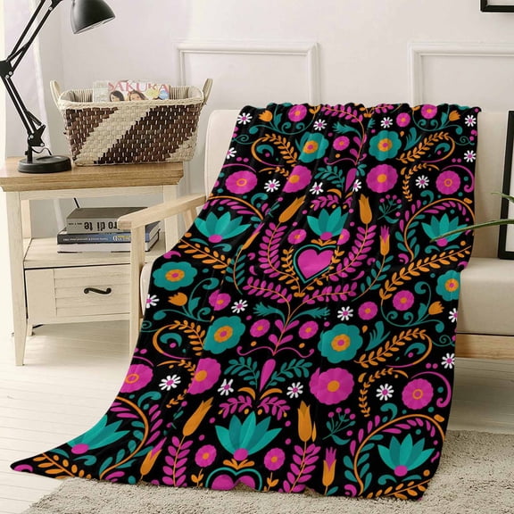 Throw Blanket Fleece Throw Blanket 40x50in, Abstract Pink Floral Leaves Soft Lightweight Bed Blankets Colorful Mexico Texture Fuzzy Couch Blankets for All Season
