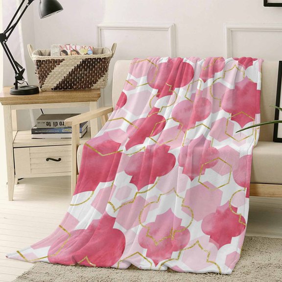 Throw Blanket Fleece Throw Blanket 40x50in, Abstract Pink Moroccan Lattice Soft Lightweight Bed Blankets Geometric Gradient Tile Plaid Fuzzy Couch Blankets for All Season