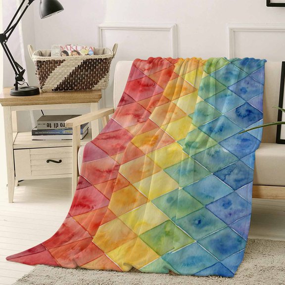 Throw Blanket Fleece Throw Blanket 40x50in, Abstract Rainbow Geometric Soft Lightweight Bed Blankets Gradient Diamond Shape Fuzzy Couch Blankets for All Season