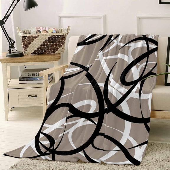 Throw Blanket Fleece Throw Blanket 40x50in, Abstract Stripe Black White on Gray Soft Lightweight Bed Blankets Minimalist Geometric Curve Line Fuzzy Couch Blankets for All Season