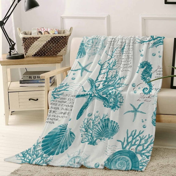 Throw Blanket Fleece Throw Blanket 40x50in, Abstract Turquoise Starfish Coral Soft Lightweight Bed Blankets Summer Seaside Animal Fuzzy Couch Blankets for All Season