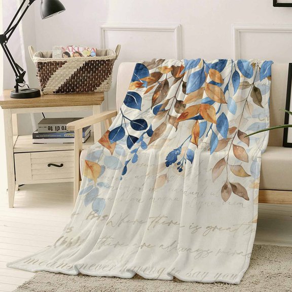 Throw Blanket Fleece Throw Blanket 40x50in, Autumn Blue Eucalyptus Leaves Watercolor Soft Lightweight Bed Blankets Farm Plant Vintage Letter Fuzzy Couch Blankets for All Season