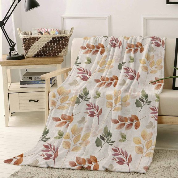 Throw Blanket Fleece Throw Blanket 40x50in, Autumn Eucalyptus Leaf Orange Watercolor Soft Lightweight Bed Blankets Leaves Seamless Retro Linen Fuzzy Couch Blankets for All Season