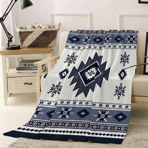 Throw Blanket Fleece Throw Blanket 40x50in, Aztec Dark Blue Bohemian Pattern Soft Lightweight Bed Blankets Southwest Ethnic Style Fuzzy Couch Blankets for All Season