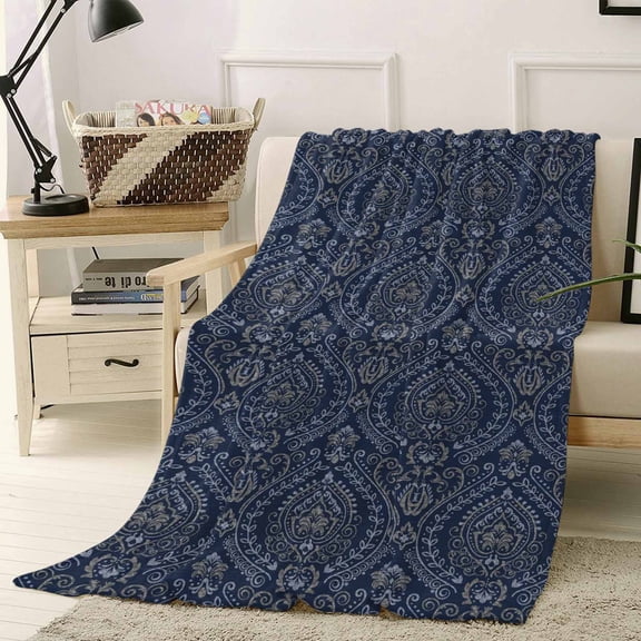 Throw Blanket Fleece Throw Blanket 40x50in, Baroque Dark Blue Retro Floral Texture Soft Lightweight Bed Blankets Ethnic Bohemian Pattern Fuzzy Couch Blankets for All Season