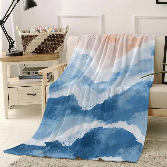 Throw Blanket Fleece Throw Blanket 40x50in, Beach Blue Waves Gradient Water Ripple Soft Lightweight Bed Blankets Abstract Geometric Style Fuzzy Couch Blankets for All Season