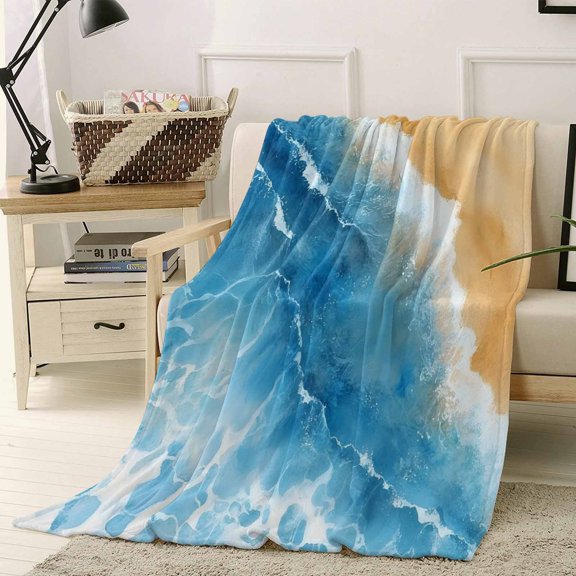 Throw Blanket Fleece Throw Blanket 40x50in, Beach Ocean Blue Waves Soft Lightweight Bed Blankets Gradient Seawater Watercolor Fuzzy Couch Blankets for All Season