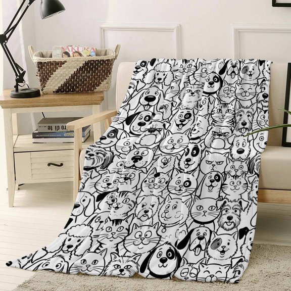 Throw Blanket Fleece Throw Blanket 40x50in, Black White Cat Dog Puppy Soft Lightweight Bed Blankets Seamless Animal Theme Fuzzy Couch Blankets for All Season
