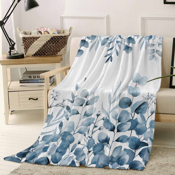 Throw Blanket Fleece Throw Blanket 40x50in, Blue Eucalyptus Leaves Soft Lightweight Bed Blankets Farmhouses Leaf on Top Fuzzy Couch Blankets for All Season