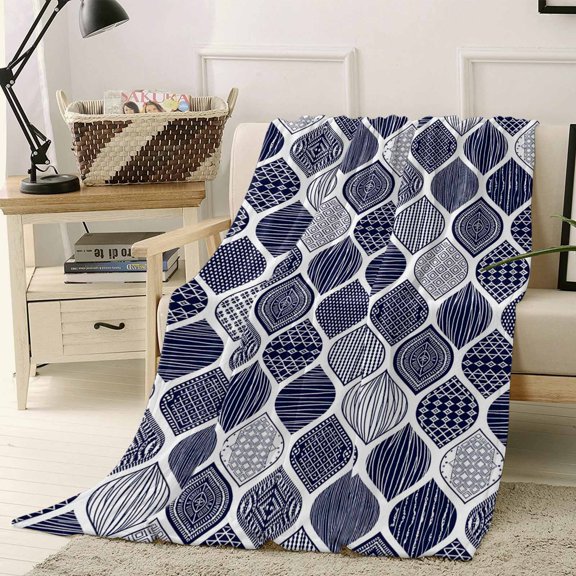 Throw Blanket Fleece Throw Blanket 40x50in, Blue Moroccan Geometric Pattern Soft Lightweight Bed Blankets Traditional Ethnic Style Fuzzy Couch Blankets for All Season