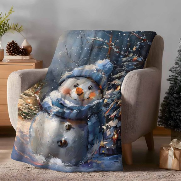 Throw Blanket Fleece Throw Blanket 40x50in, Blue Snowman Christmas Tree Soft Lightweight Bed Blankets Winter Snow Branch Oil Painting Style Fuzzy Couch Blankets for All Season