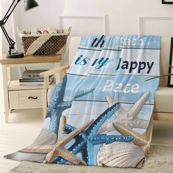 Throw Blanket Fleece Throw Blanket 40x50in, Blue White Starfish on Wood Grain Soft Lightweight Bed Blankets Happy Place Quote Fuzzy Couch Blankets for All Season