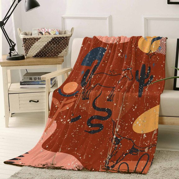 Throw Blanket Fleece Throw Blanket 40x50in, Bohemian Orange Arch Sun Rustic Texture Soft Lightweight Bed Blankets Abstract Tropical Cactus Fuzzy Couch Blankets for All Season