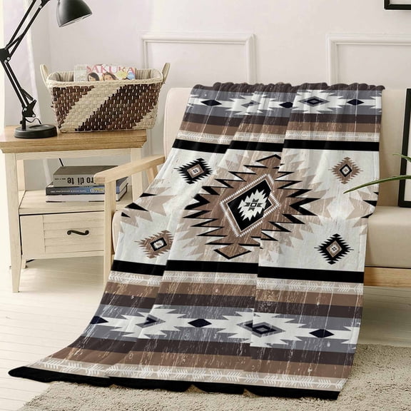 Throw Blanket Fleece Throw Blanket 40x50in, Boho Brown Farm Aztec Geometric Soft Lightweight Bed Blankets Southwest Ethnic Wind Fuzzy Couch Blankets for All Season