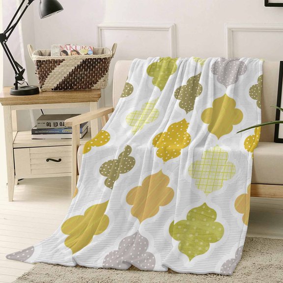 Throw Blanket Fleece Throw Blanket 40x50in, Boho Yellow Geometric Medieval Soft Lightweight Bed Blankets Abstract Grid Moroccan Fuzzy Couch Blankets for All Season