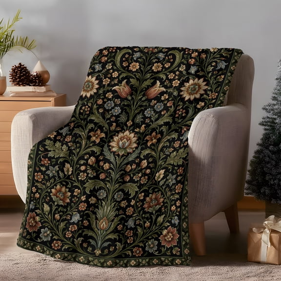 Throw Blanket Fleece Throw Blanket 40x50in, Botanical Floral Vine Pattern Soft Lightweight Bed Blankets Vintage Flower Leaves Black Fuzzy Couch Blankets for All Season