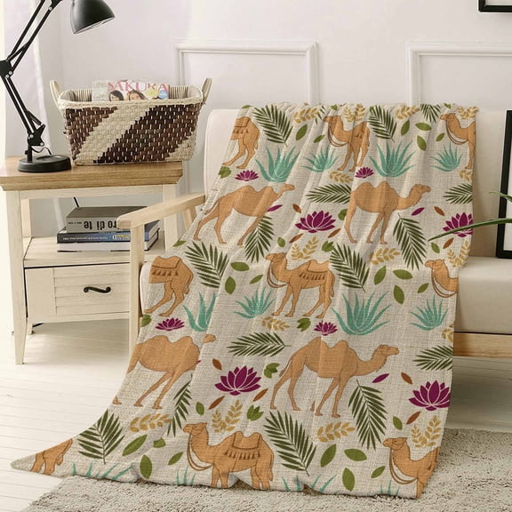 Throw Blanket Fleece Throw Blanket 40x50in, Brown Camel Aloe Vera on Vintage Linen Soft Lightweight Bed Blankets Green Leaves Fuzzy Couch Blankets for All Season