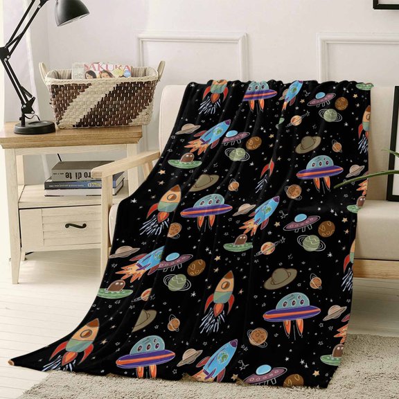 Throw Blanket Fleece Throw Blanket 40x50in, Cartoon Rocket Space Planet Soft Lightweight Bed Blankets Cute Spaceship on Black Fuzzy Couch Blankets for All Season
