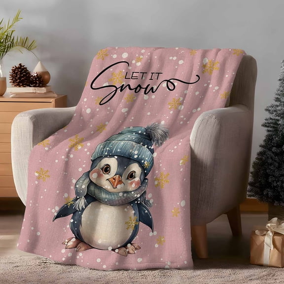 Throw Blanket Fleece Throw Blanket 40x50in, Christmas Cute Cartoon Penguins Soft Lightweight Bed Blankets Gold Winter Snowflake on Pink Fuzzy Couch Blankets for All Season