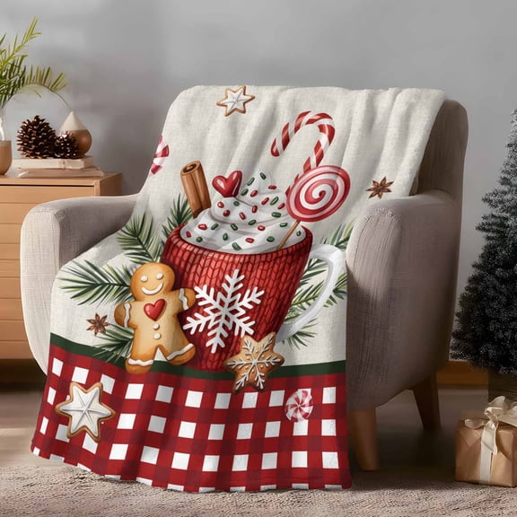Throw Blanket Fleece Throw Blanket 40x50in, Christmas Gingerbread Man Snowflake on Vintage Soft Lightweight Bed Blankets Red Plaid Fuzzy Couch Blankets for All Season