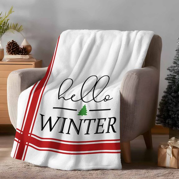 Throw Blanket Fleece Throw Blanket 40x50in, Christmas Simple Red Stripe on White Soft Lightweight Bed Blankets Hello Winter Quote Fuzzy Couch Blankets for All Season