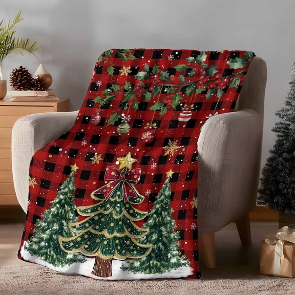 Throw Blanket Fleece Throw Blanket 40x50in, Christmas Tree Ball Star Bow Soft Lightweight Bed Blankets Winter Berry Leaf Buffalo Plaid Fuzzy Couch Blankets for All Season