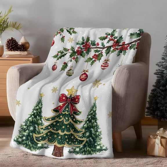 Throw Blanket Fleece Throw Blanket 40x50in, Christmas Tree Bow Star Ball Soft Lightweight Bed Blankets Winter Snowflake Berry Leaf on Gray Fuzzy Couch Blankets for All Season