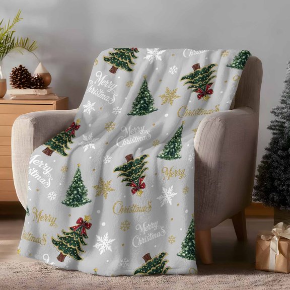 Throw Blanket Fleece Throw Blanket 40x50in, Christmas Tree Bowknot on Gray Soft Lightweight Bed Blankets Winter Snowflakes Star Fuzzy Couch Blankets for All Season