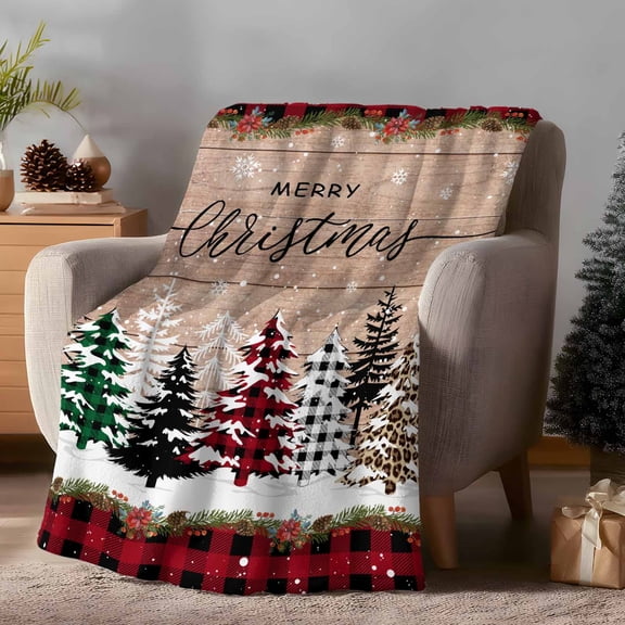 Throw Blanket Fleece Throw Blanket 40x50in, Christmas Tree Red Black Buffalo Plaid Soft Lightweight Bed Blankets Farm Vintage Wood Board Fuzzy Couch Blankets for All Season